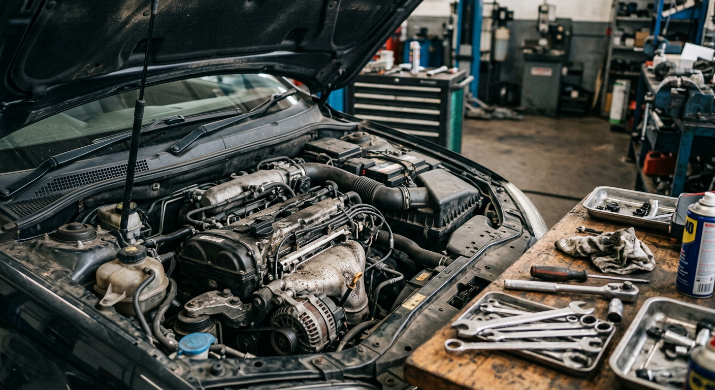 Car engine bay with the bonnet open in a workshop