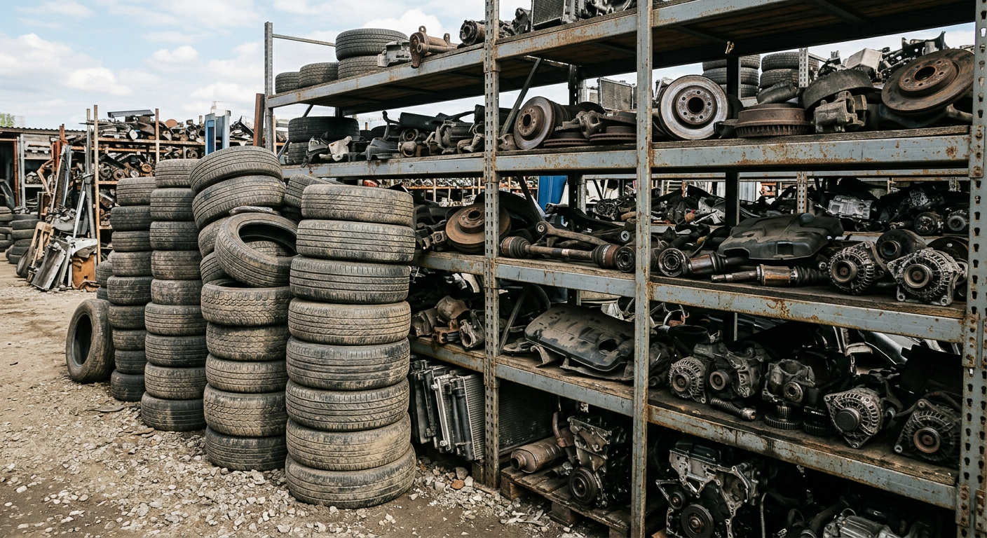 Stacked used tyres and spare parts on shelving